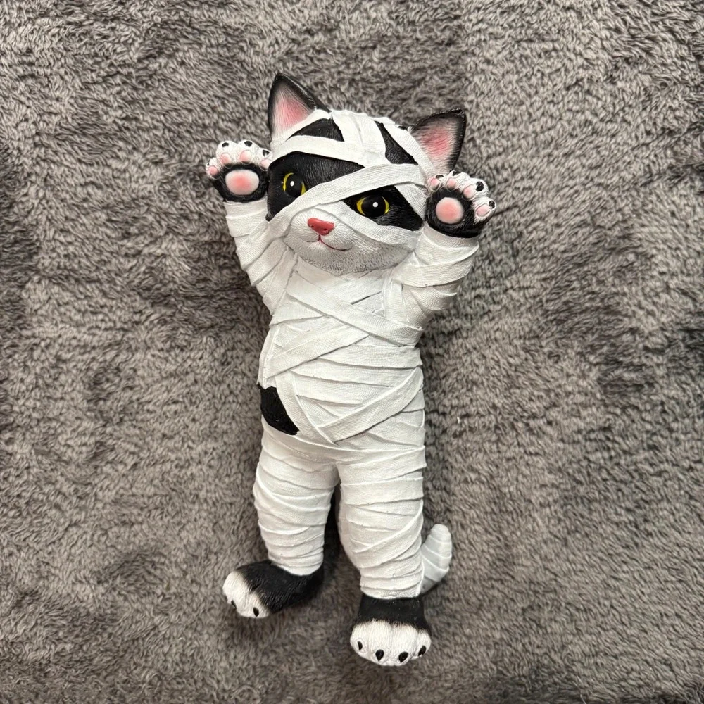 Halloween Mummy Tuxedo Cat Figurine Black White Resin Spooky Decor Statue